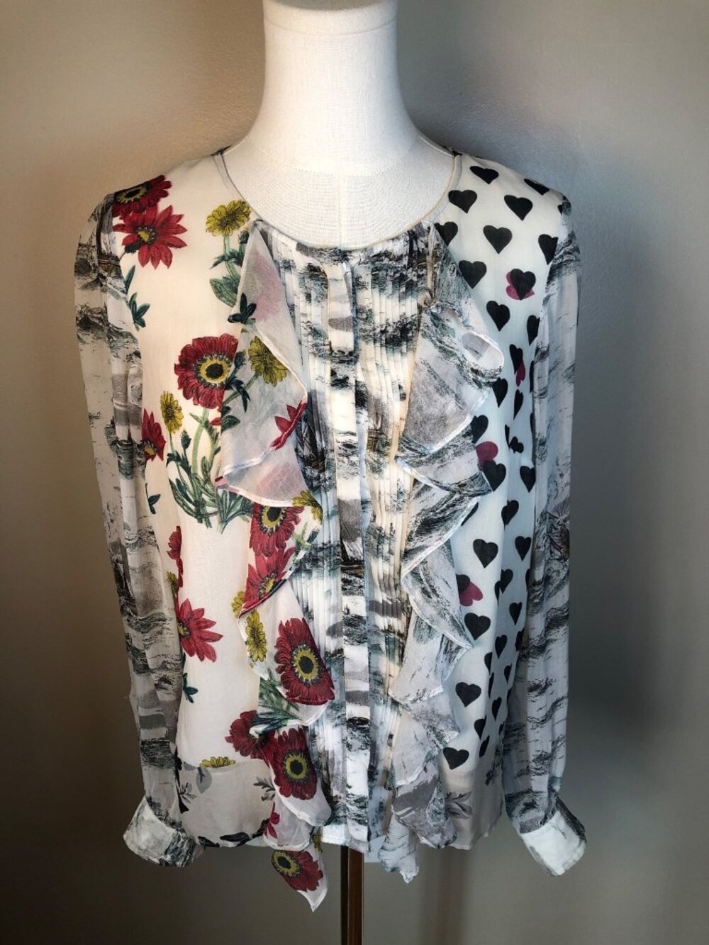 Anthropologie Leifnotes In Spades Mixed Print Ruffle Blouse Top Size 4 Coquette